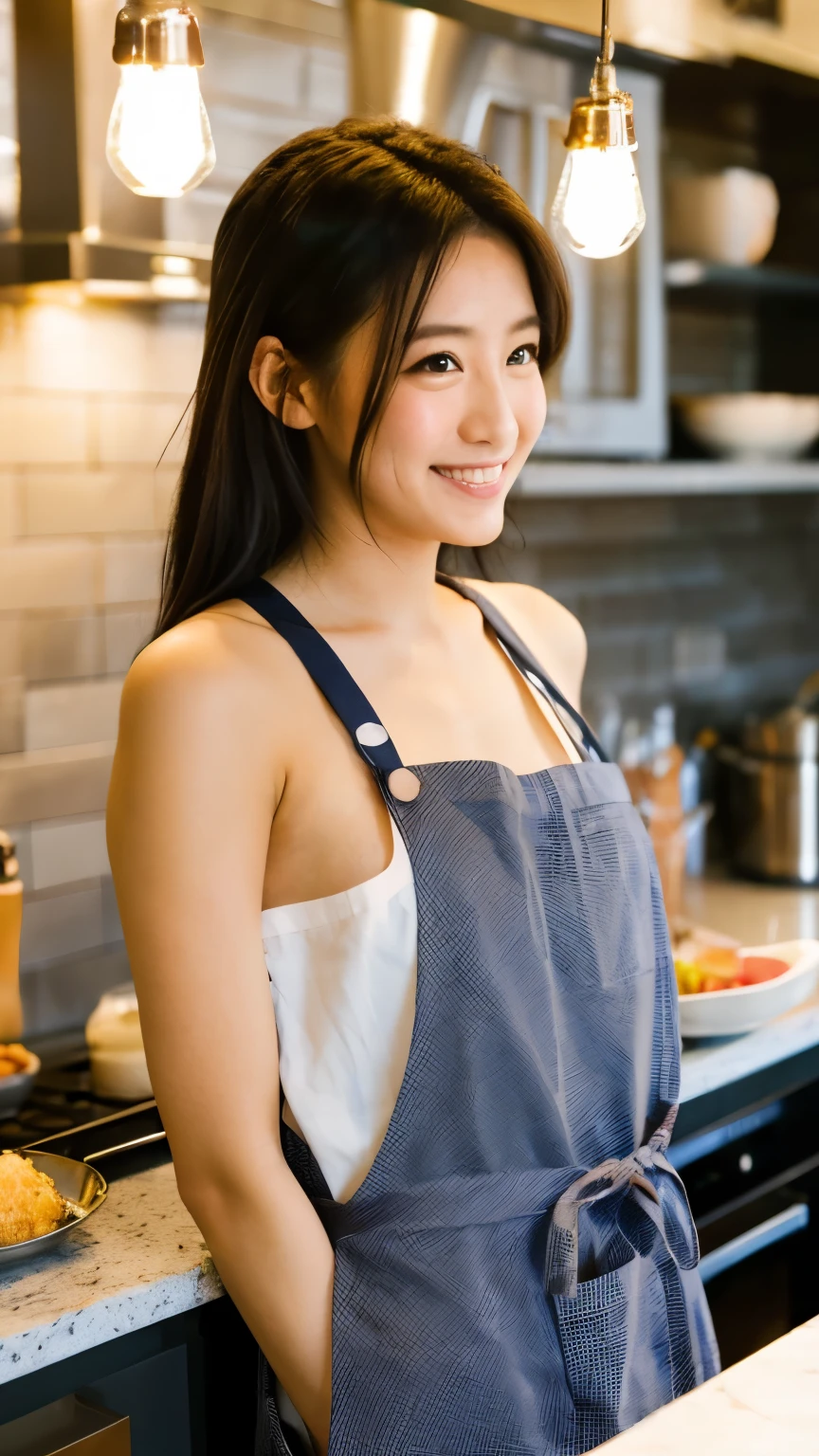 Arafed woman in a blue apron standing in a kitchen - SeaArt AI