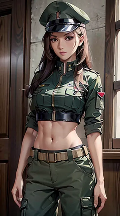 
Women in crop top soldier uniform, soldier hat, medal on the chest,  exposed abdomen area, very low waist cargo pants, navel, 4...
