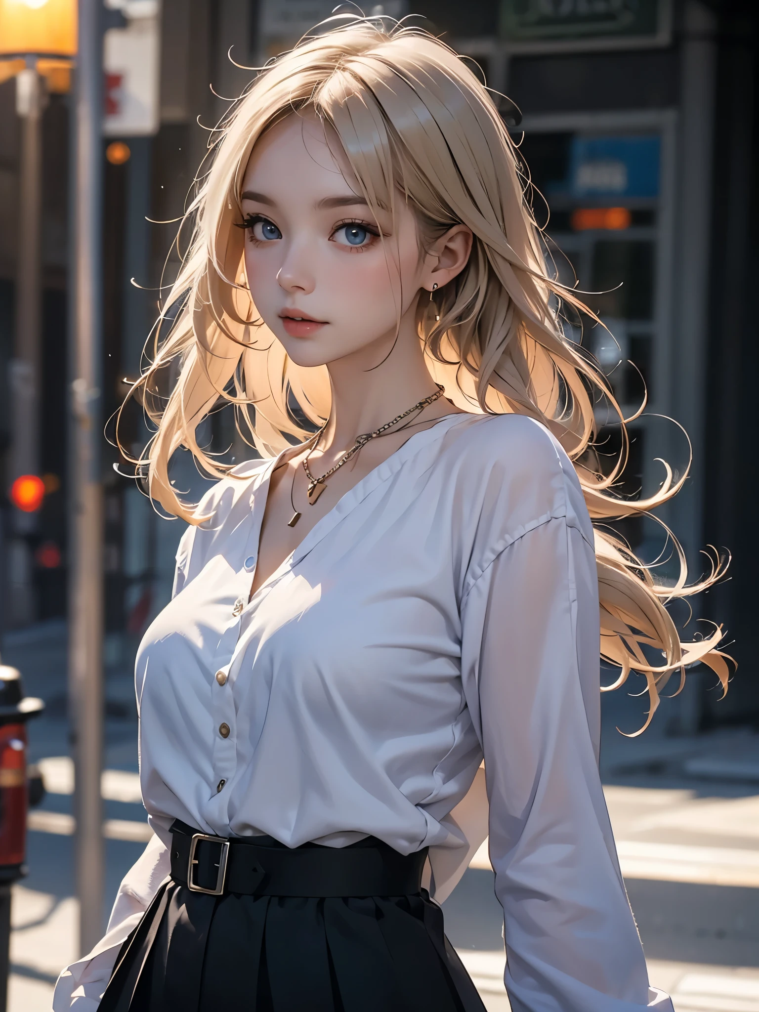 best quality, masterpiece, high resolution, A girl, blond, blue eyes, Fashion Clothing, necklace, jewelry, Pretty Face, Perfect breasts, more than_Body, Tyndall effect, lifelike, Dark Studio, Side light, Two-color lighting, (HD Skin:1.2), 8K Ultra HD, SLR camera, Soft Light, high quality, Volumetric Lighting, frank, photography, high resolution, 4K, 8k, Bokeh,