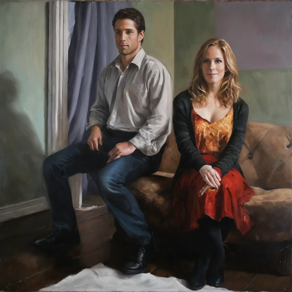 painting of a man and woman sitting on a couch in a living room, a painting of two people, portrait of two people, couple portrait, jenny saville and nicola samori, full body portrait painting, oil painting award winning, charlie immer and jenny saville, edward hopper and jenny saville, couples portrait, figurative painting, james jean and jenny saville