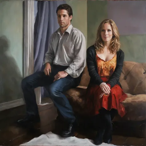 painting of a man and woman sitting on a couch in a living room, a painting of two people, portrait of two people, couple portra...