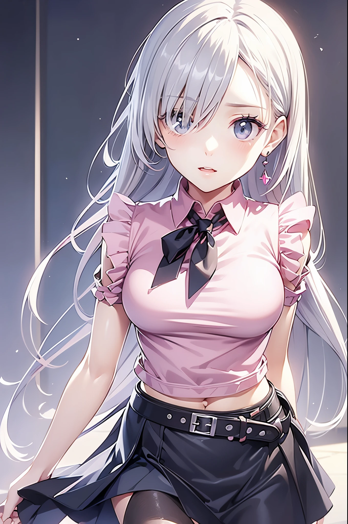 ((face portrait)), zoom, masterpiece, best quality, highres, Elizabeth, 1girl, jewelry, single thighhigh, silver hair, hair over one eye, midriff, black skirt, asymmetrical legwear, ((pink shirt)), sleeveless, black thighhighs, belt, standing