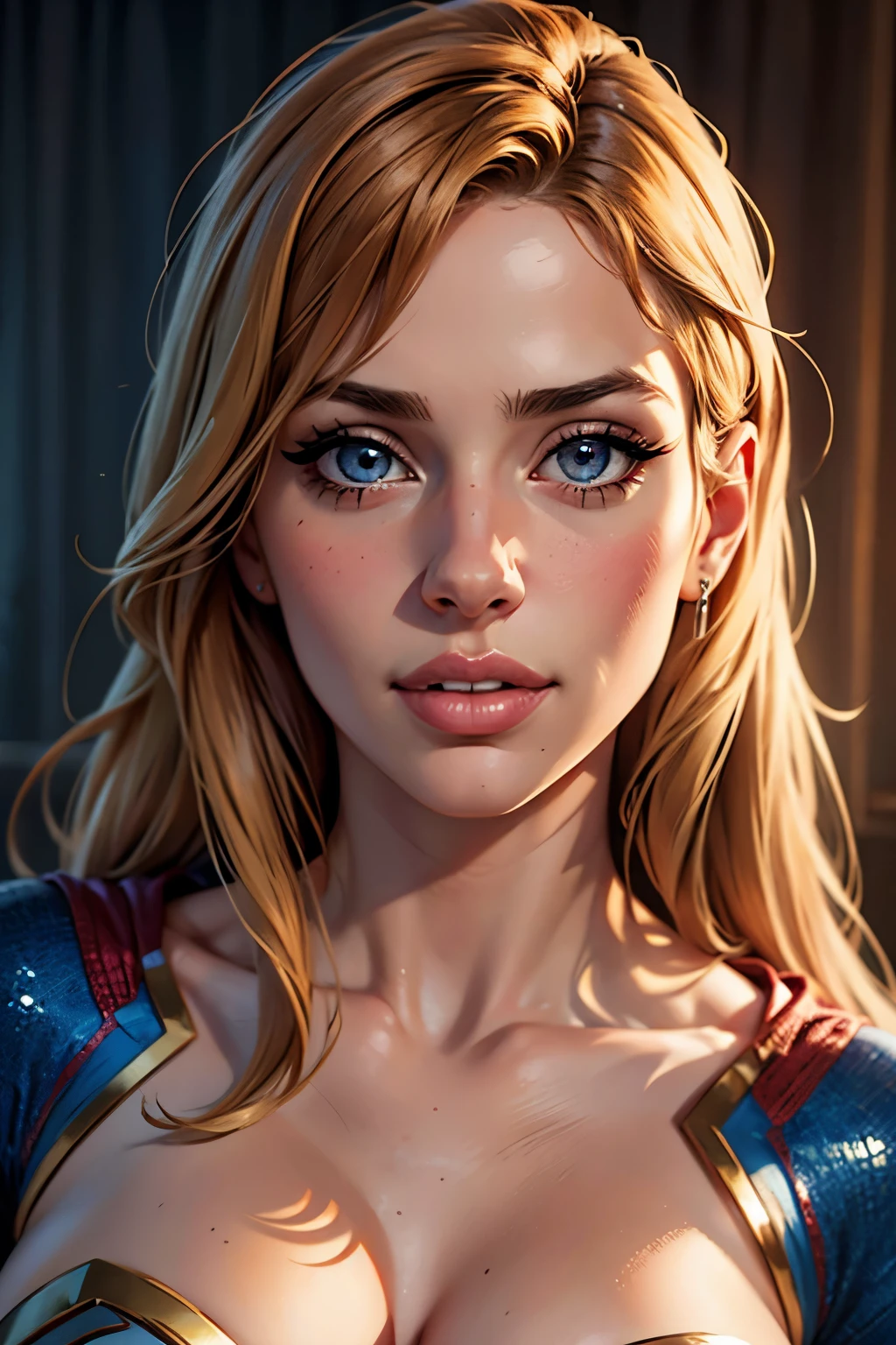 (best quality,4k,8k,highres,masterpiece:1.2),ultra-detailed,(realistic,photorealistic,photo-realistic:1.37),portrait, Carly  ,beautiful detailed eyes,beautiful detailed lips,extremely detailed face,long eyelashes, sexy,soft lighting,subtle background,professional photography,vivid colors full body ,  by a fan, blushing face () full body (seductive) (ready for sex) (biting her lips) (Supergirl outfit)