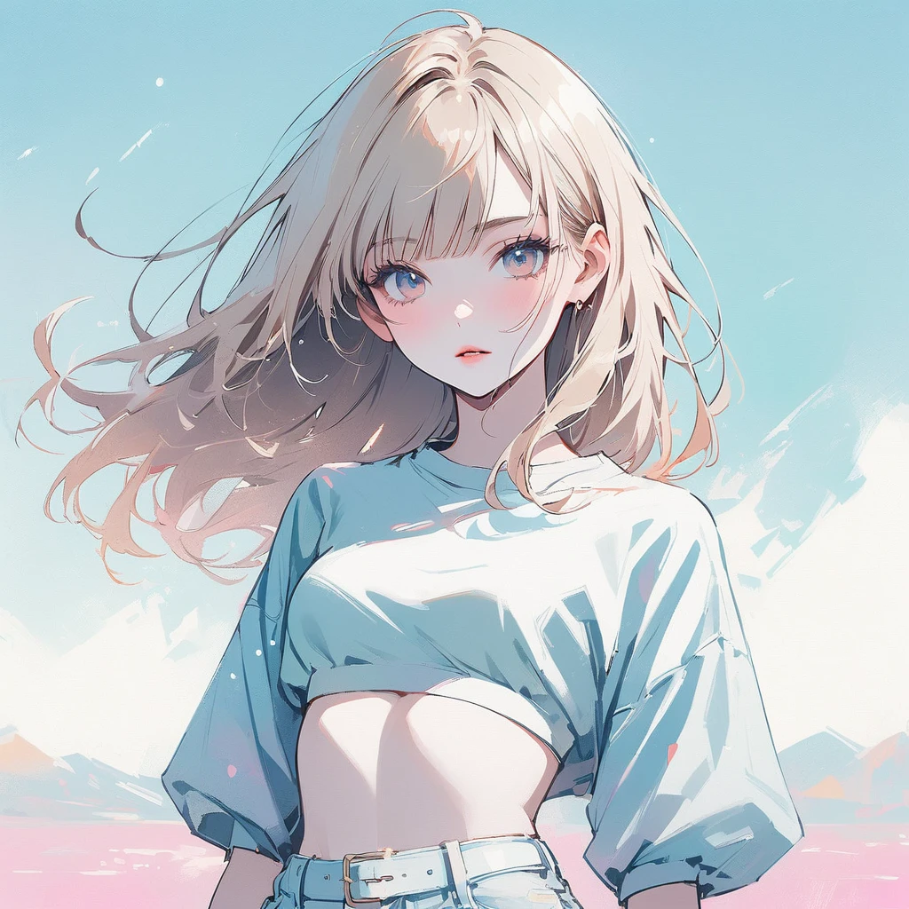 fille, Mince, peau pâle, yeux noisette clair, cheveux blond, Frange droite, Beau, Frange épaisse, couleurs pastel, Vent, minuscule crop top, plat, Sexy, petite taille