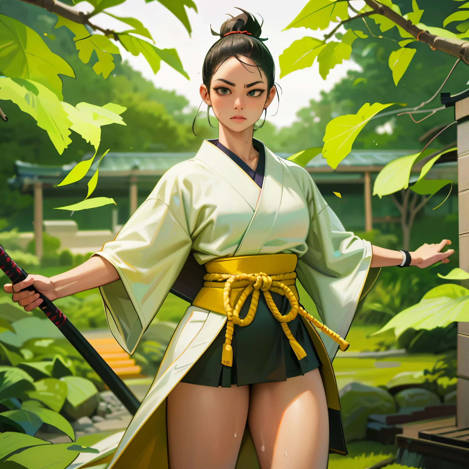 (best quality,ultra-detailed),(realistic,photorealistic:1.37),kendo outfit,martial arts,dougi,black belt,sexy,sweat,vivid colors,sharp focus,studio lighting,physically-based rendering,portraits,bokeh,colorful,dynamic lighting,confident stance,dynamic movement,traditional Japanese weapon,strenuous training,athleticism,katana,samurai spirit,intense concentration,competitive spirit,graceful movements,strong physique,endurance,training warehouse,traditional dojo,traditional Japanese architecture,traditional Japanese garden,serene atmosphere,striking poses,impressive techniques,dedication,excellence,master-level skills,black headband,dedicated practice,strong willpower