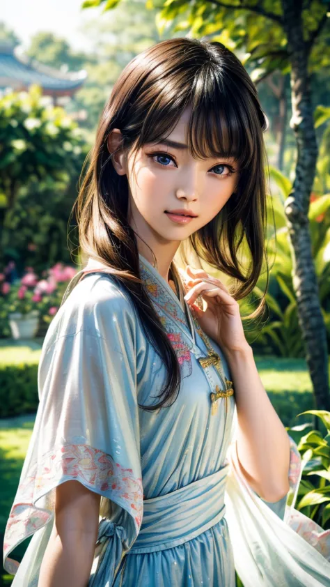 "(best quality, highres, ultra-detailed), A girl in a garden, Chinese Hanfu, beautiful detailed eyes, beautiful detailed lips, l...