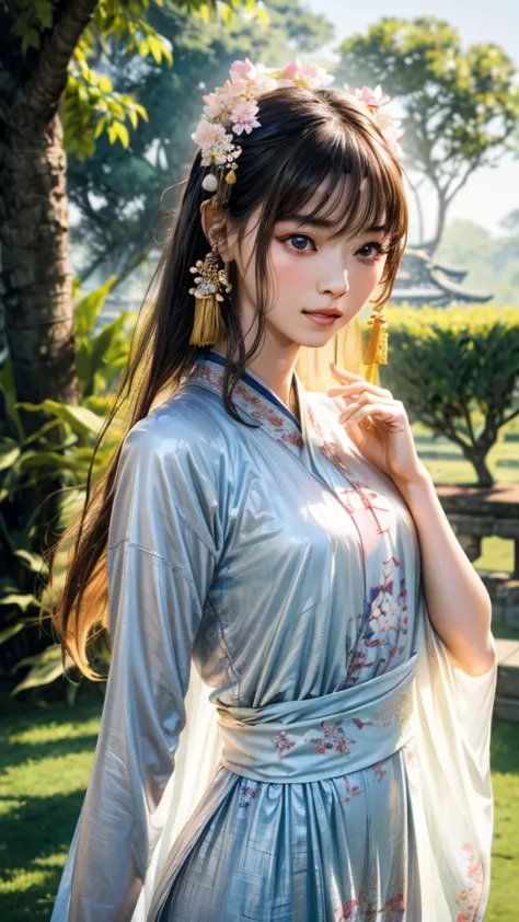 "(best quality, highres, ultra-detailed), A girl in a garden, Chinese Hanfu, beautiful detailed eyes, beautiful detailed lips, l...