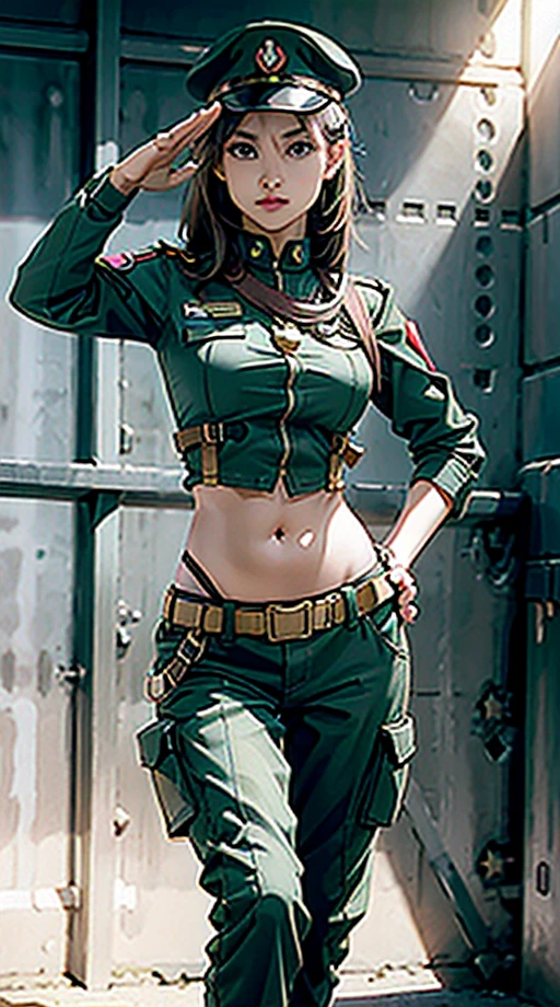 
Women in crop top soldier uniform, soldier hat, medal on the chest,  exposed abdomen area, very low waist cargo pants, navel, 45 years-old, high ranking , standing, military salute, color , hight quality, 4k