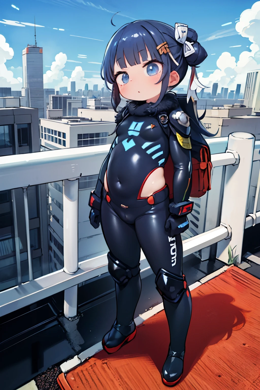 masterpiece，high quality，High resolution，8k，Attention to detail，Sleek design，Ultra-high-tech biotechnology combat suit，standing on a roof，Overlooking the city，Japanese special effects and American manga style，A suit with a biological texture worn by an evil organization&#39;s executive:1.3，Red Armor，Very short stature，Small ，cute，Large Breasts，Red School Bag，Bruises and gestures，Smooth and shiny，very dynamic，fast，Natural light，Very detailed, Ultra-fine painting, Very delicate，creativity，Natural light，Cinema Lighting，Best Shadow，masterpiece-anatomy-perfection，Red School Bag，