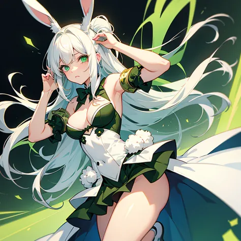 Manhwa style, girl with long disheveled white hair, green eyes, dressed as a bunny girl