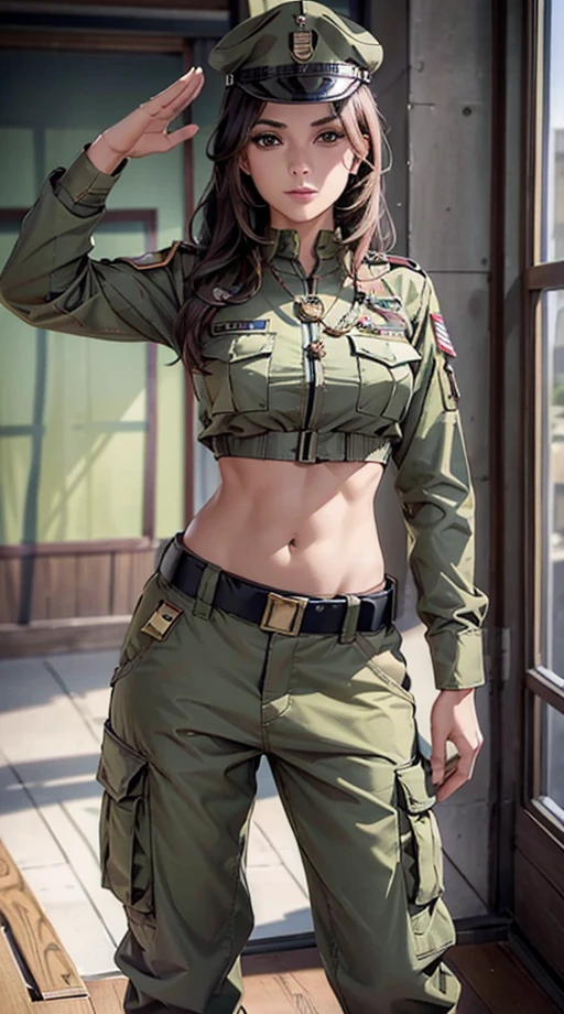 
穿著露臍上衣士兵制服的婦女, 士兵帽子, 胸前的獎章,  暴露的腹部區域, 極低腰工裝褲, 臍, 45歲, 高排名 , 常設, 軍禮, 顏色 , 高品質, 4k