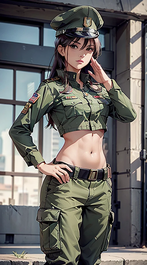 
Women in crop top soldier uniform, soldier hat, medal on the chest,  exposed abdomen area, very low waist cargo pants, navel, 45 years-old, high ranking , standing, military salute, color , hight quality, 4k