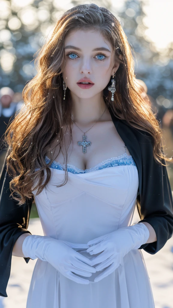 1 miniature Beautiful beautiful woman - Yuan Sayuki, ((top quality, 8K, Masterpiece:1.retty woman, 1 woman, huge breasts:1.3, a slim body:1.1, lush GINGER long hair with 2 buns, (shower, wet body, wet clothes:1.1), very detailed face, detailed lips, detailed eyes, double eyelids, Detailed blue eyes, чрезвычайно Detailed Outstanding Blue Eyes, long GINGER wet hair, GINGER wet hair, Detailed Outstanding Blue Eyes, innocent look at the viewer, very wet wavy white hair, Detailed Outstanding Blue Eyes, huge cross earrings, Outdoors, badges behind, gothic maid uniform,  sexy maid dress, bare chest, huge chest tattoo, detailed huge catholic cross earrings, chest tattoo, Outside, wear a silver cross (Detailed cross shape), reality mode, wet breasts, black necklace, human crowd behind, black latex gloves, hair of white snowy colour, night time, red neon lights, demonic nun, nimbus (golden lighting ring above her head), angel, snowy weather, sexy pose, white lingerie, black maid dress, detailed flower wreath made of different colours, open chest (tattoo on her chest)