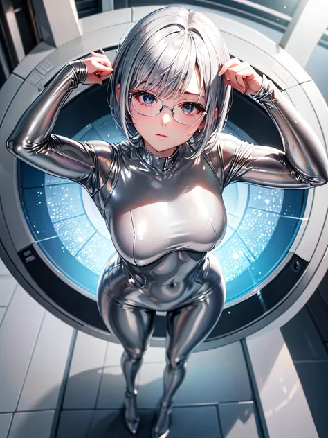 Highest quality 8K UHD、Mastepiece、Close-up、short hair、Cover from above、Silver Hair、Glasses、Shiny silver tights、A beautiful woman...