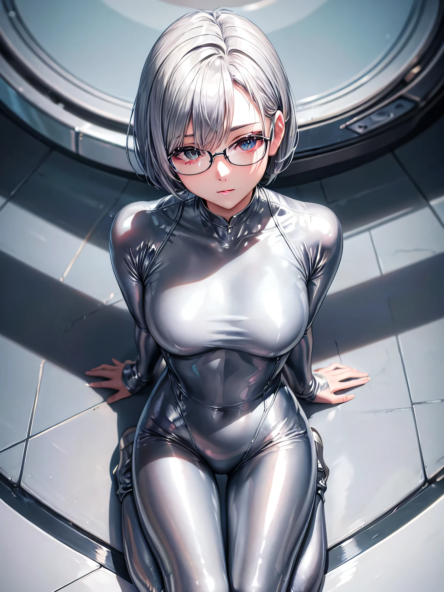 Highest quality 8K UHD、Mastepiece、Close-up、short hair、Cover from above、Silver Hair、Glasses、Shiny silver tights、A beautiful woman wearing a full-body silver metallic suit、Full body silver metallic rubber suit