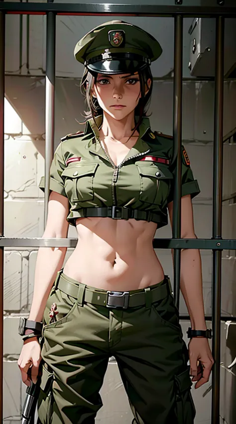 
Women in crop top soldier uniform, soldier hat, medal on the chest,  exposed abdomen area, very low waist cargo pants, navel, 4...