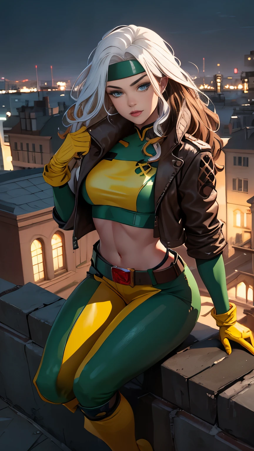 (Highly quality, masterpiece, detailed), night city detailed scenario, night city detailed background, 20 years old girl, solo, multi colored hair, white hair, brown hair, Superhero, Rogue, Xtreme, blue eyes, jacket, open clothes, belt, open jacket, headband, cropped legs, leather, leather jacket, green pants, yellow pants, yellow leather top, green leather top, crop top, sitting on top of a building, navel, perfect face, beautiful eyes, perfect eyes, looking at the viewer, Sexy pose