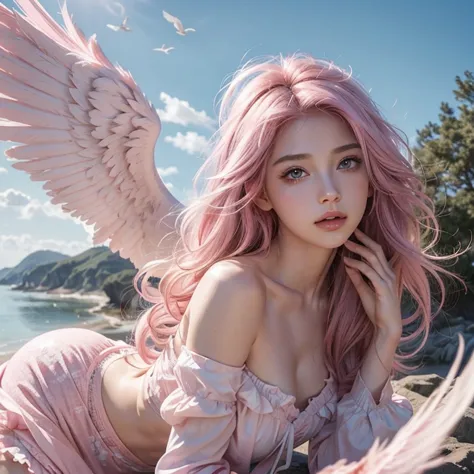 Light pink hair, Pink Eyes, Pink and white,  Vibrant colors, Paint Splash, Wavy long hair,angel, Many feathers fluttering、Large ...