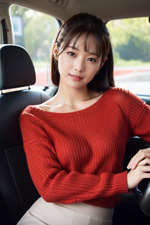 Medium display, Medium Shot, Depth of written border, bust, Upper Body, Movie angle, masterpiece, highest quality, Very detailed, CG, 8k wallpaper, Beautiful Face, Delicate eyes, Otome, alone, smile,red knit shirt,skirt,driving a car