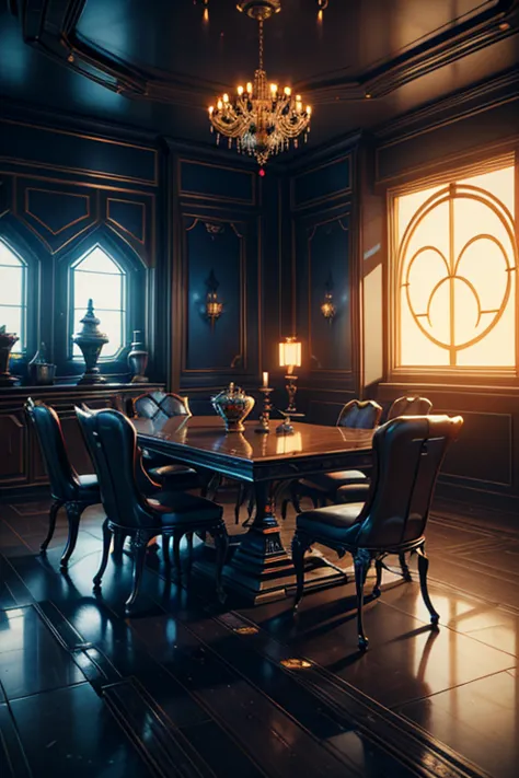 there is a dining room with a table and chairs and a chandelier, cgsociety 9, futuristic persian palace, cgsociety unreal engine...