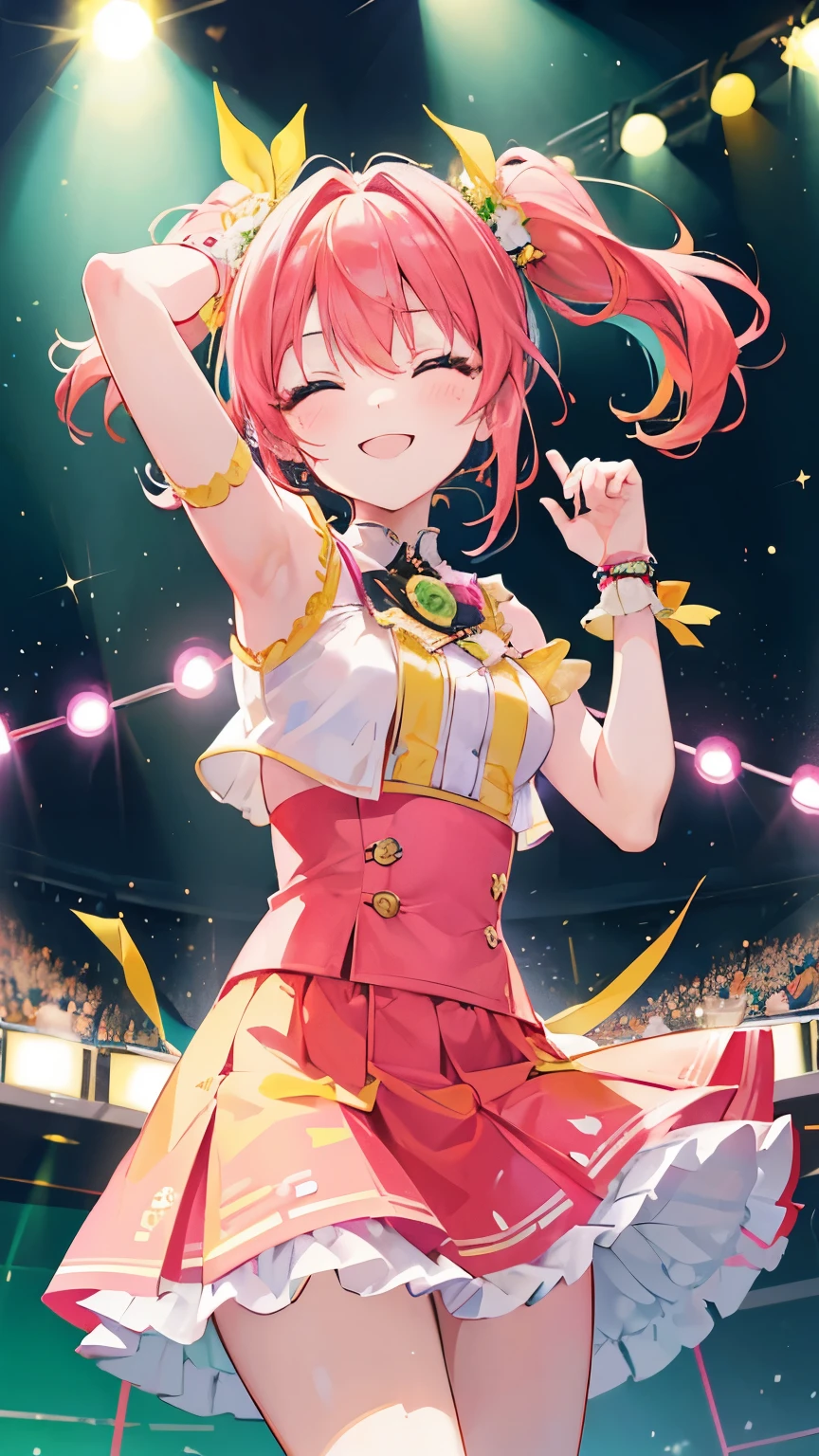 Five Girls, Idol Group, (Jumping), close your eyes, (smile) (Hand in hand), Raise your hand in the air, Pink Short Hair, Long yellow ponytail, Long bright green hair, Red Long Twintails, Long Blue Hair, Idol Costumes, 大きなsmile, (Colouful Concert Stage View), Ultra Sharp, 8k, masterpiece
