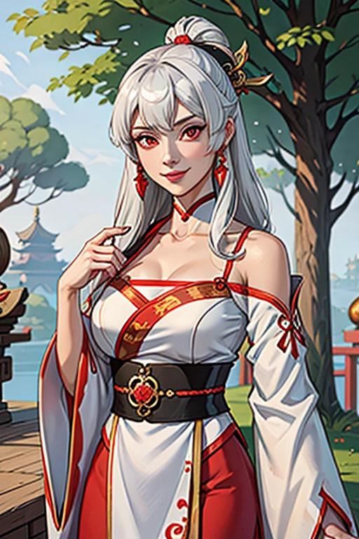 masterpiece, best quality, 1girl, solo, long hair, looking at viewer, smile, bangs, hair ornament, red eyes, long sleeves, dress, standing, collarbone, white hair, grey hair, alternate costume, wide sleeves, tree, chinese clothes, hairpin, hanfu, ningguang (genshin impact), Ningguang,  