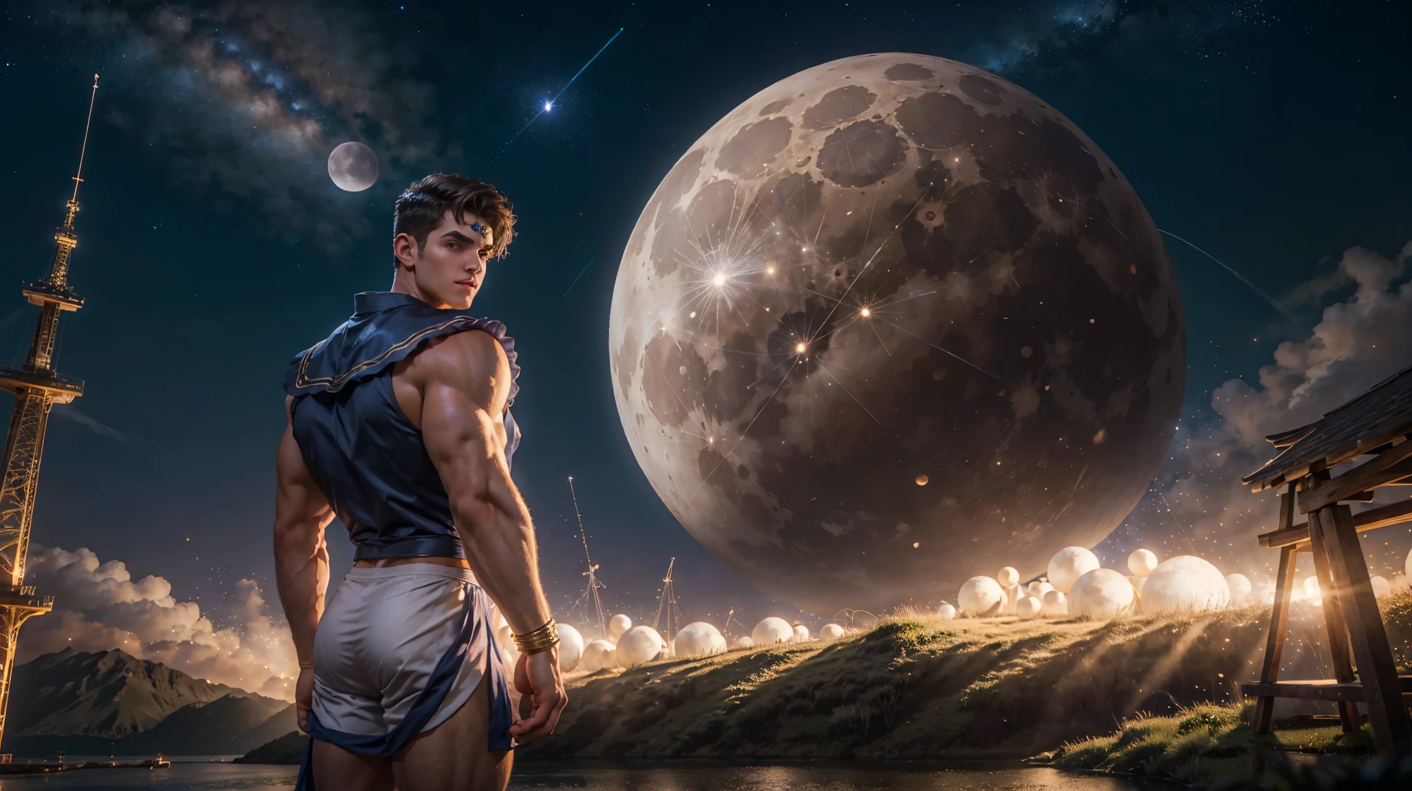 (1men),men in sailor-moon costume,giant muscular, giant moon in back ground, night sky , outdoor , light particle , (masterpiece:1.2)