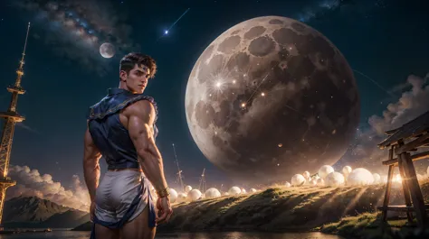 (1men),men in sailor-moon costume,giant muscular, giant moon in back ground, night sky , outdoor , light particle , (masterpiece...