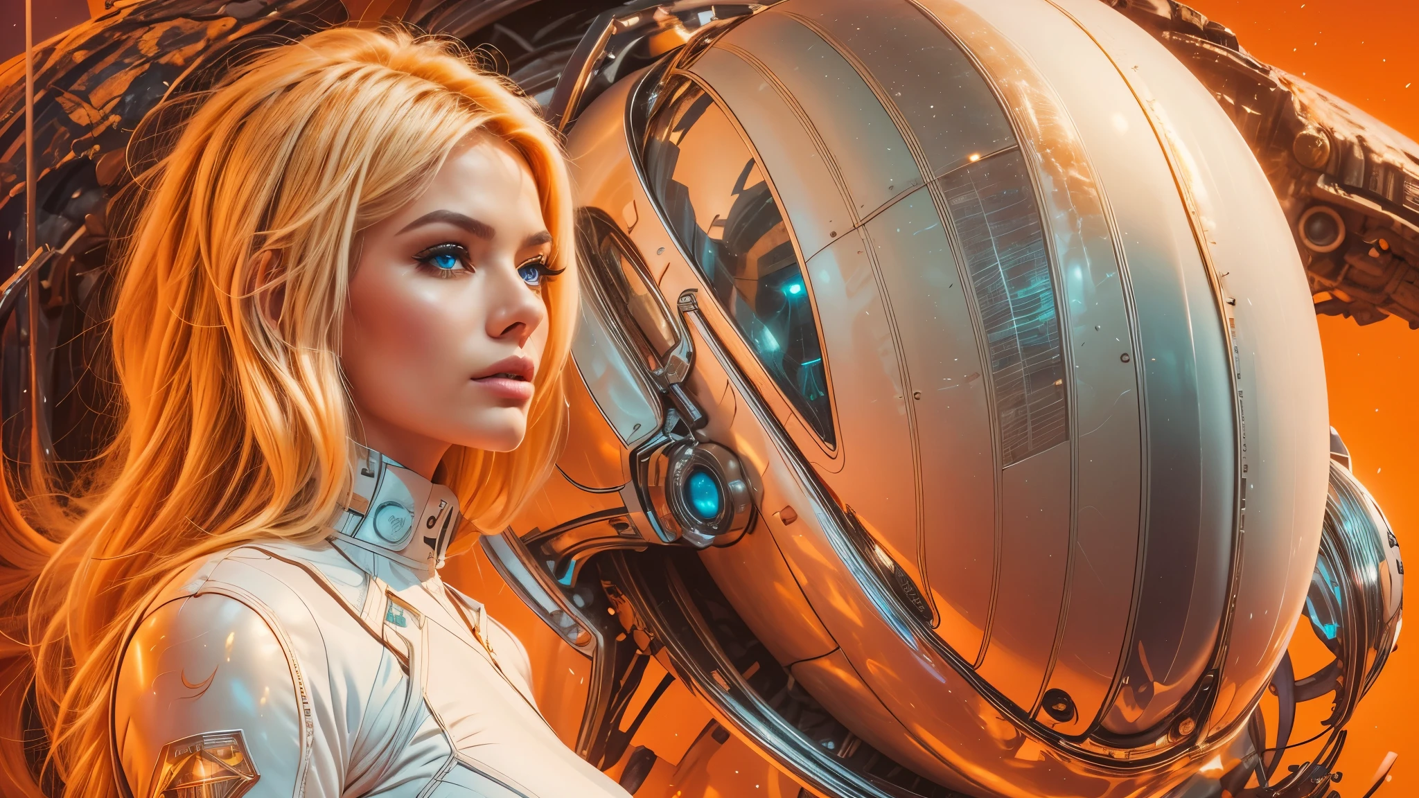 arafed image of a white woman in a futuristic suit with a spaceship in the background, movie art, in front of an orange background, inspired by Robert McGinnis, female protagonist, megastructure in the background, portrait of an ai astronaut, astronauts, an astronaut, portrait of a astronaut skeletor, perfect android girl, detailed eyes, perfectly detailed teeth, frank franzzeta and sakimichan  