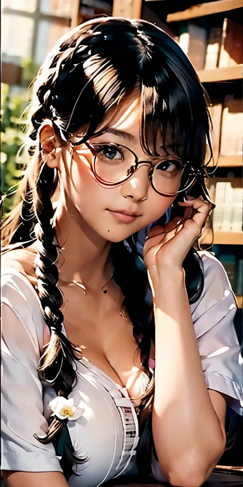 Best image quality、136), (Busty:1.46), (l boobs ipst boobs ,Round Glasses、Braided Pigtails、Funny woman with pigtails in round gl...