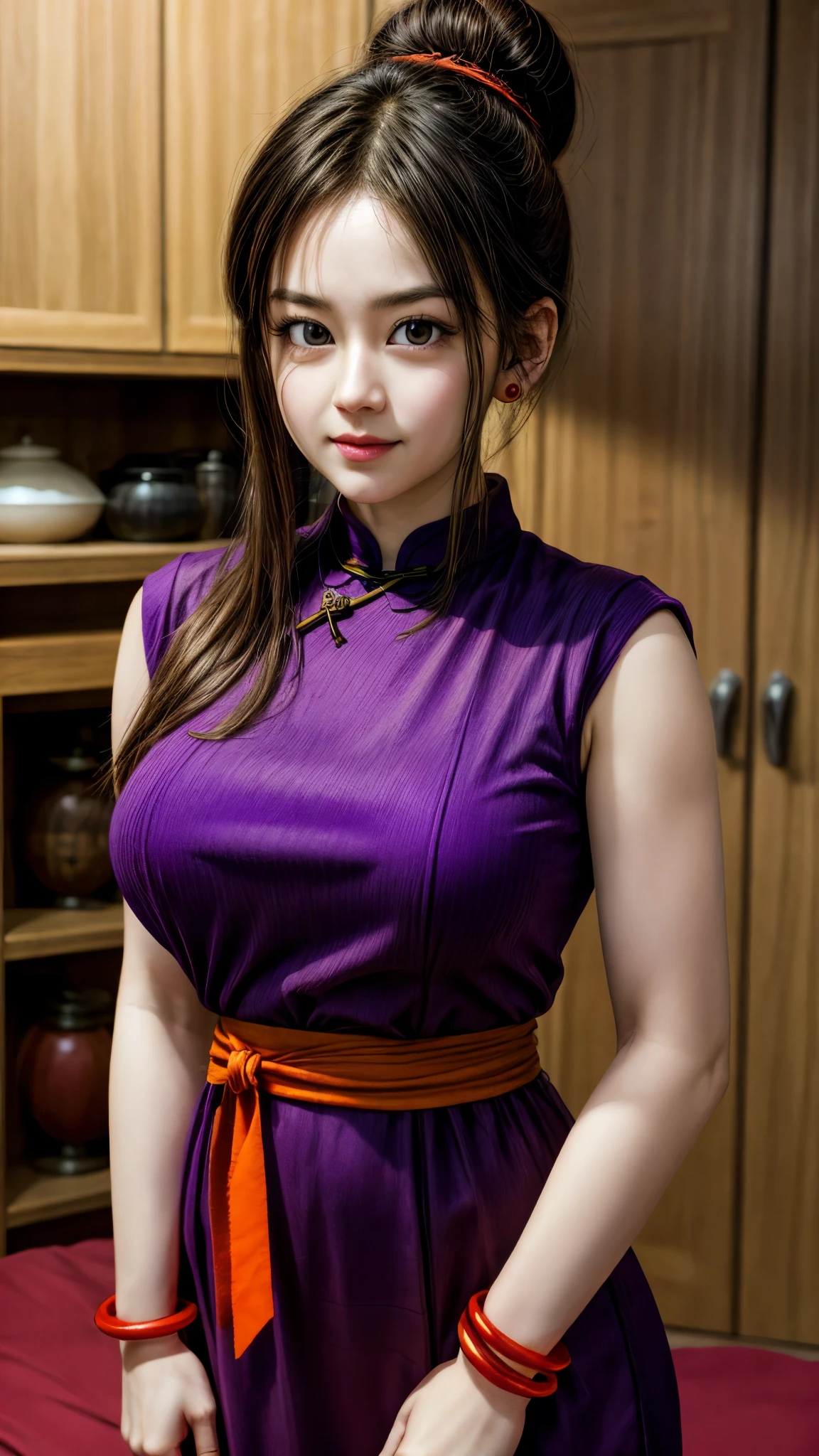 masterpiece, best quality, highest quality, photorealistic, perfect anatomy, perfect face, perfect eyes,
dbzch1ch1, sidelocks, bangs, single hair bun, hair bun, (black eyes), orange pashmina wrap, red sphere earrings , red wristbands, purple cheongsam, sexy  pose, Large breasts, thick thighs, curvy hips 