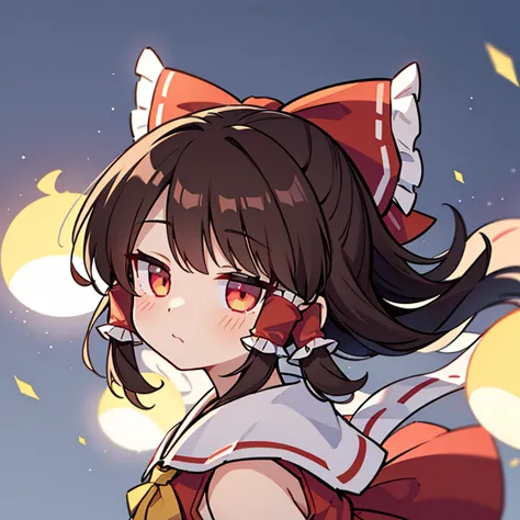 close range、High Angle、High resolution、girl、He looks jealous and wants to say something.、Reimu Hakurei、Glowing Eyes