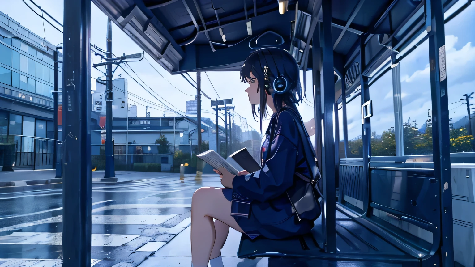 비,1명,버스 정류장에서 버스를 기다리는 동안 음악을 들으며 헤드폰을 끼고 있는 애니메이션 여성,버스 정류장 벤치,벤치에 앉아,독서,전체적인 구성은 Lo-fi 아트 스타일로 표현되었습니다...（사실적이고 자연스러운 조명),걸작,최상의 품질,매우 상세한, (최상의 품질:1.2),초고해상도,4K,일본 애니메이션,벽지,