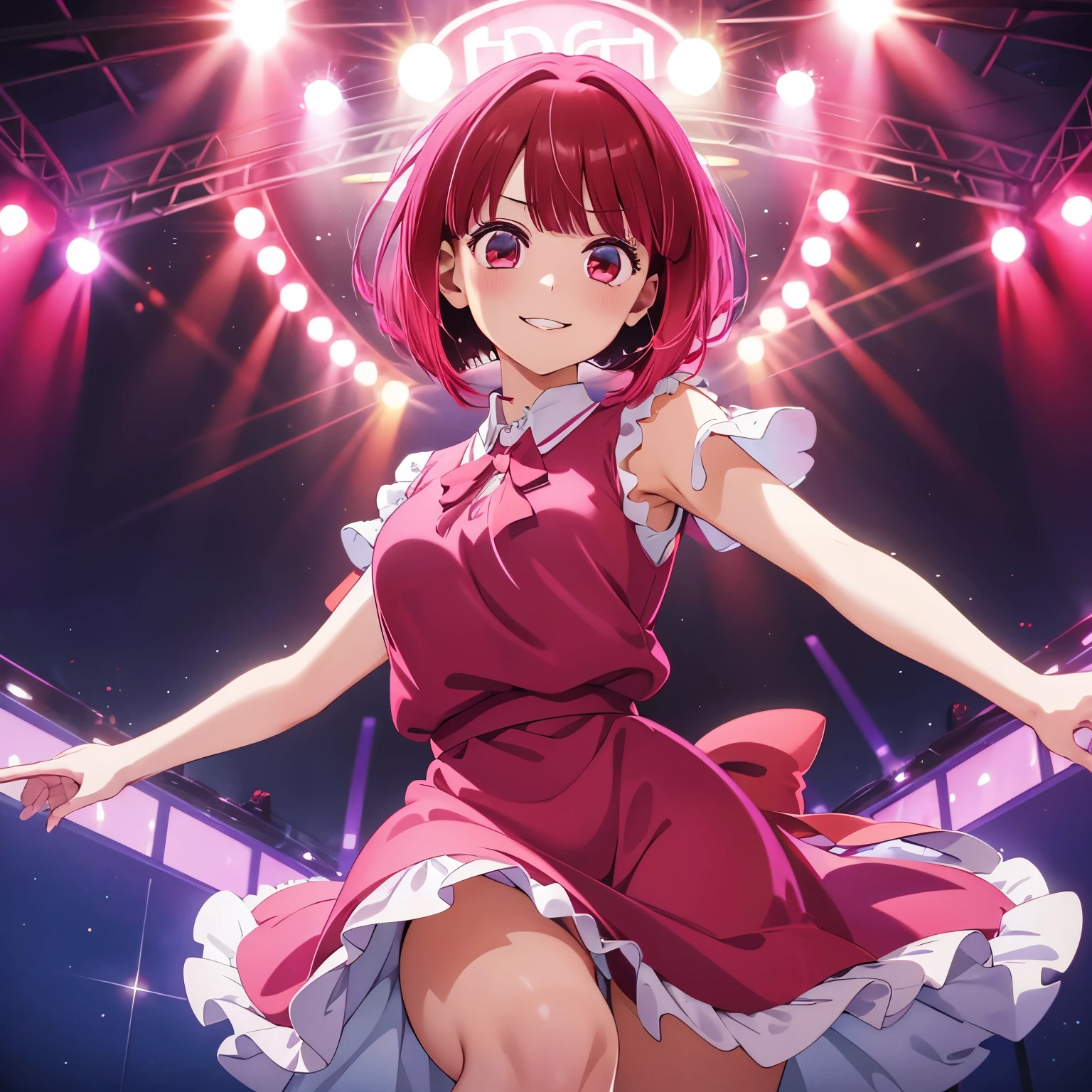 1girl,dress pink,b-komachi dress,cute dress,akane kurokawa, short hair, pink dress,red hair, red eyes, smiling on stage,half body photo, ultra detail, ultra HD, masterpiece, stunning