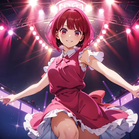 1girl,dress pink,b-komachi dress,cute dress,akane kurokawa, short hair, pink dress,red hair, red eyes, smiling on stage,half bod...