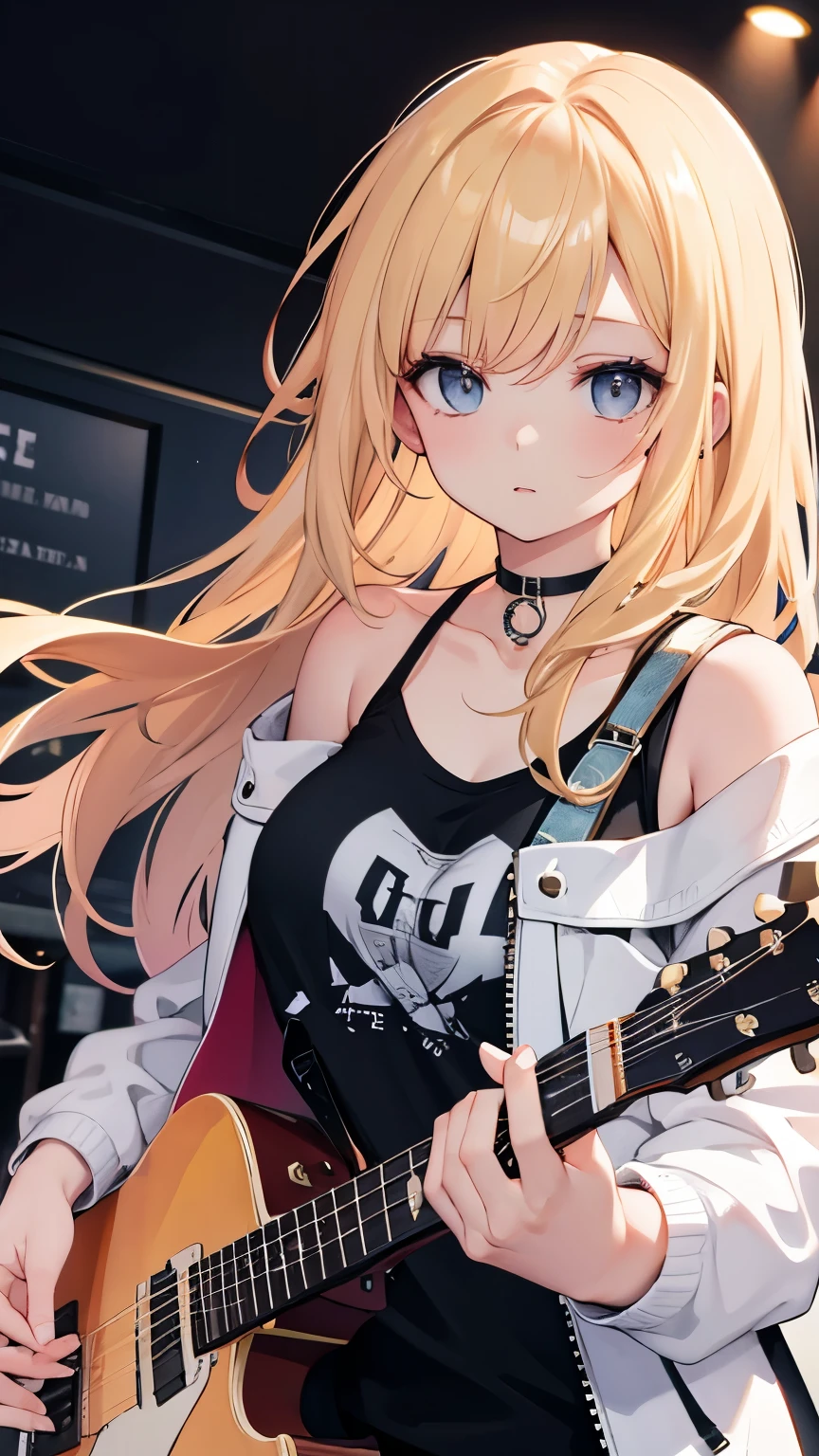 blonde hair, hair over shoulder, messy hair, masterpiece, (textured skin), best quality, gorgeous adult woman, (Rock band guitarist), T-shirt, leisure jacket, choker, (electric guitar), Fender, (at Live venue)