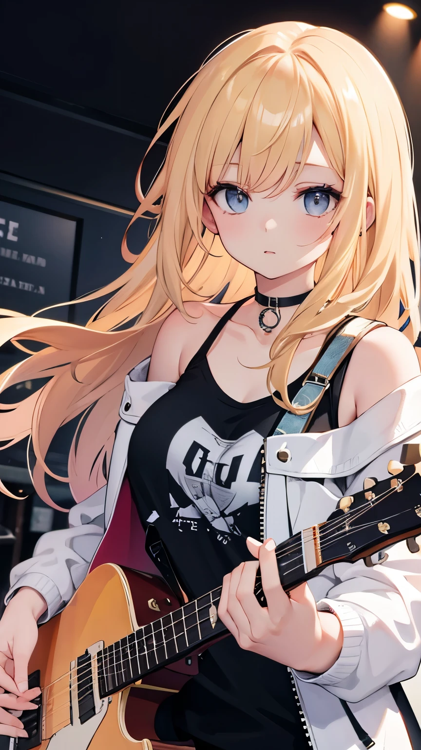 Anime girl with blonde hair playing guitar in a music studio - SeaArt AI