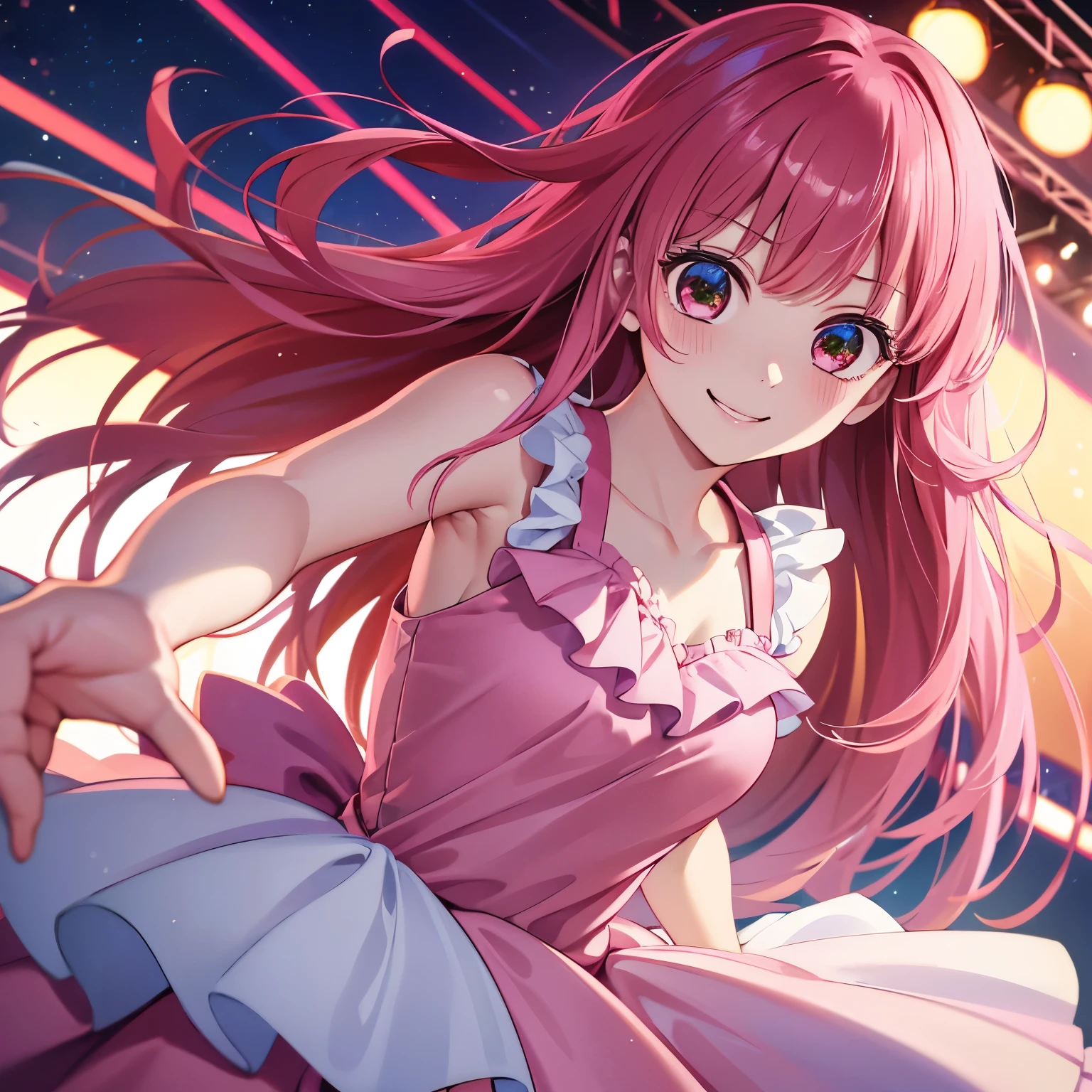 1girl,dress pink,b-komachi dress,cute dress, long hair, pink dress,white hair, green eyes, smiling on stage,half body photo, ultra detail, ultra HD, masterpiece, stunning