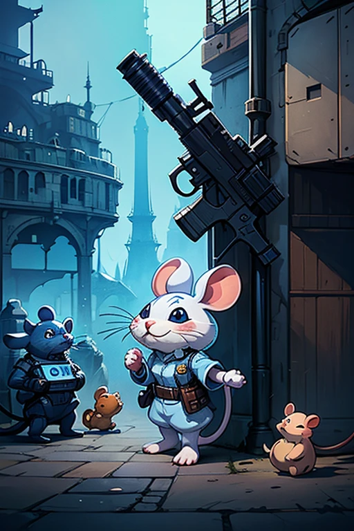 Arte conceitual imaginativa de uma criatura fofa inspirada em Lora, com aparência de rato e vestido de policial. (Tag CuteCreatures com peso 0.9)