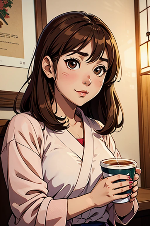 há uma jovem segurando uma xícara de café na mão, garota cara fofa, Rosto de anime natural fofo, com cara fofa - linda, Sakimi-chan, chiho, Yoshitomo Nara, jovem rosto bonito, lindo rosto de garotas japonesas, cabelos castanhos e olhos grandes, linda garota kawaii, lindos olhos grandes e claros