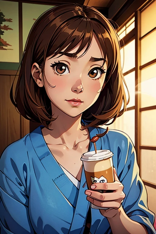 there is a young girl holding a cup of coffee in her hand, girl cute-fine-face, cute natural anime face, with cute - fine - face, sakimi chan, chiho, Yoshitomo Nara, young cute face, beautiful japanese girls face, brown hair and large eyes, cute kawaii girl, beautiful light big eyes