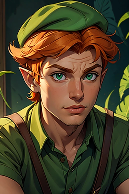 masterpiece, best quality, 1boy, peter pan, solo, closeup, short hair, orange hair, green collared shirt, short sleeves, hat feather, male focus, pointy ears, 