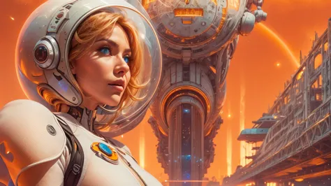 arafed image of a white woman in a futuristic suit with a spaceship in the background, movie art, in front of an orange backgrou...