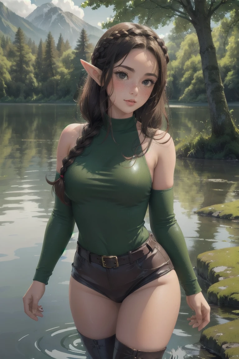 elf girl, master piece, mountains, forest, chilling in lake, thigh deep in water, walking to viewer, leather straps, one piece green sweater, blushing, freckles, wide hips, slim waist, thick thighs, hourglass shape, masterpiece, best quality, sfw, mature 26 year old woman, eleagant lake, tranquility fills the morning air, dew on trees and lake, slightly foggy, brown hair, thigh high leather boots, standing in water, moist face, bare shoulders, sleeveless top, leather belt, vast open lake, vary large lake, beutiful reflection, god rays coming through clouds, wavy hair, mouth open, shiny. lips, mist and dew elegantly falling over lake, slightly overcast, braided hairband, beutiful round eyes, very early in the morning, doe eyes, inocent, content, peaceful happy, cloudy day,