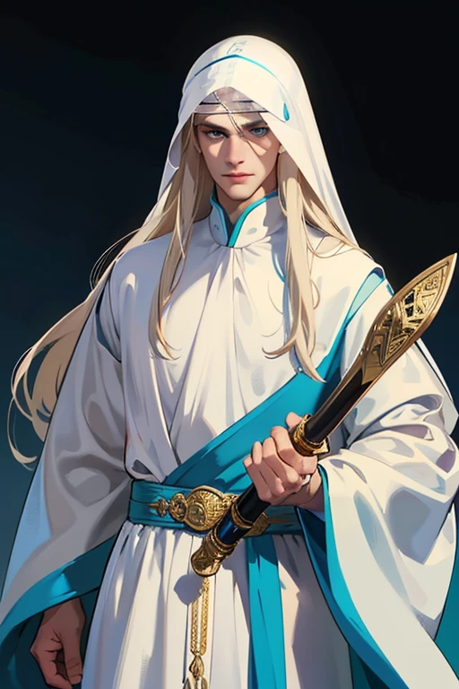 A tall, handsome, courageous, athletic young man, long hair, platinum blond with blue eyes, tanned skin, he has long straight platinum hair, he is dressed in the clothes of Arab sheikhs (white bisht, on his head he has a gutra and a yigal). A scabbard bolt is attached to his belt, and one hand rests on the hilt of a sword. Masterpiece, detailed study of the face, beautiful face, beautiful facial features, perfect image, realistic shots, detailed study of faces, full-length image, 8k, detailed image, extremely detailed illustration, a real masterpiece of the highest quality, with careful drawing.