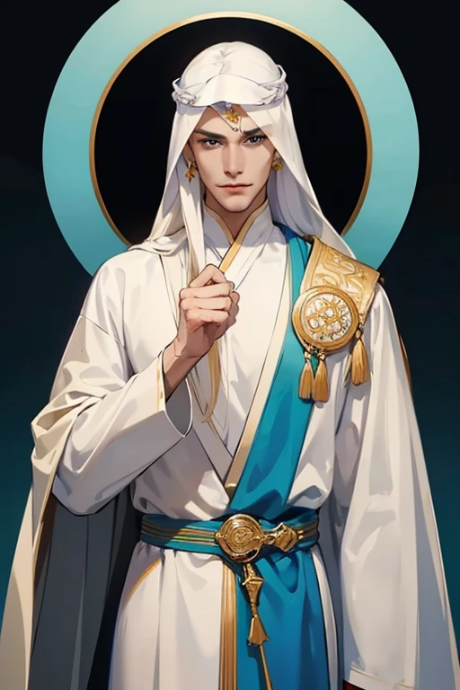 A tall, handsome, courageous, athletic young man, long hair, platinum blond with blue eyes, tanned skin, he has long straight platinum hair, he is dressed in the clothes of Arab sheikhs (white bisht, on his head he has a gutra and a yigal). A scabbard bolt is attached to his belt, and one hand rests on the hilt of a sword. Masterpiece, detailed study of the face, beautiful face, beautiful facial features, perfect image, realistic shots, detailed study of faces, full-length image, 8k, detailed image, extremely detailed illustration, a real masterpiece of the highest quality, with careful drawing.