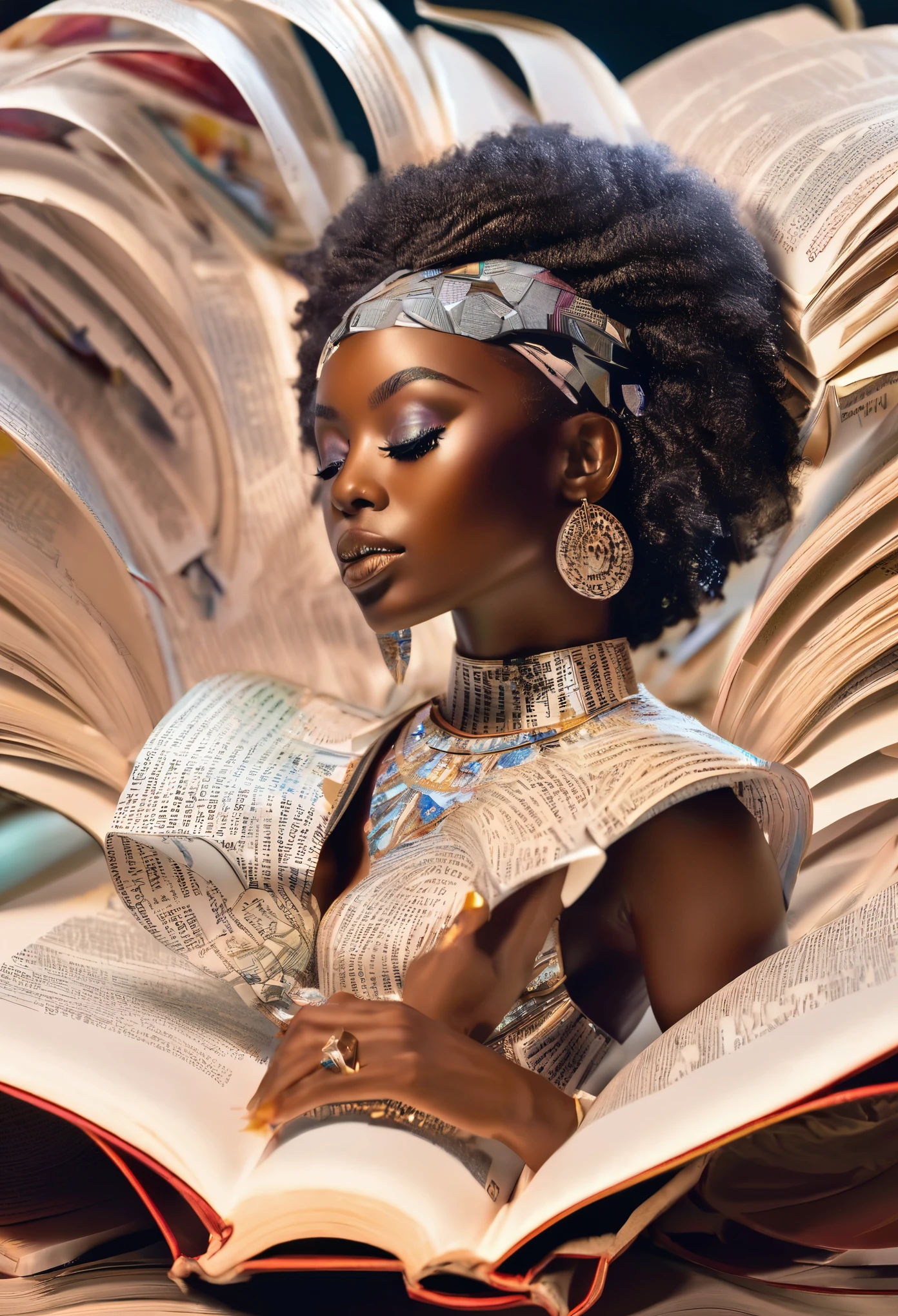 a holographic image of a miniature African woman  dressed in paper designed clothes laying on a giant open book, words in the book reflecting all over her body, the reflecting words glowing white providing a beautiful surreal imagery, the background library dim lit with focus image sharpness on the African woman laying inside an open  giant book,