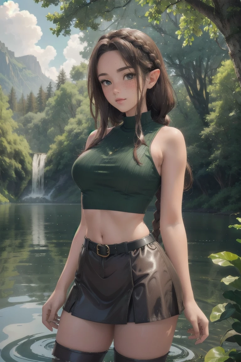 elf girl, master piece, mountains, forest, chilling in lake, thigh deep in water, walking to viewer, leather straps, one piece green sweater, blushing, freckles, wide hips, slim waist, thick thighs, hourglass shape, masterpiece, best quality, sfw, mature 26 year old woman, eleagant lake, tranquility fills the morning air, dew on trees and lake, slightly foggy, brown hair, thigh high leather boots, standing in water, moist face, bare shoulders, sleeveless top, leather belt, vast open lake, vary large lake, beutiful reflection, god rays coming through clouds, wavy hair, mouth open, shiny. lips, mist and dew elegantly falling over lake, slightly overcast, braided hairband, beutiful round eyes, very early in the morning, doe eyes, inocent, content, peaceful happy, cloudy day, bare arms, far off in distance, cleavege cutout, very cloudy, about to rain
