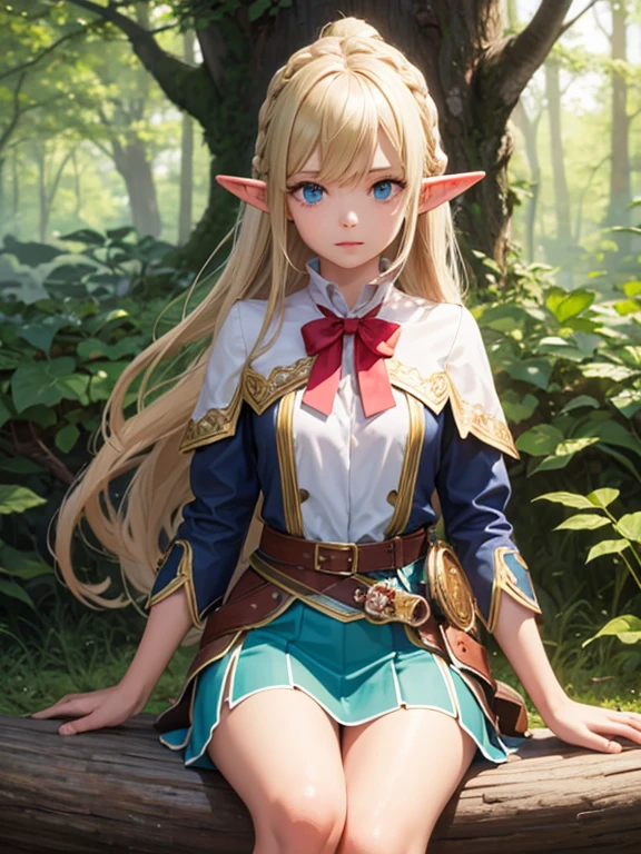 masterpiece, highest quality, Very detailed, 16k, Ultra-high resolution、One 14-year-old girl, Detailed face、Perfect Fingers, Elf Ears, Small breasts, blue eyes, Blonde, Braid, Green breastplate, Green tight skirt, Carrying a bow on your back, Bow in the left hand, Bow and arrow in right hand, in the forest, Sitting on the branch of a big tree