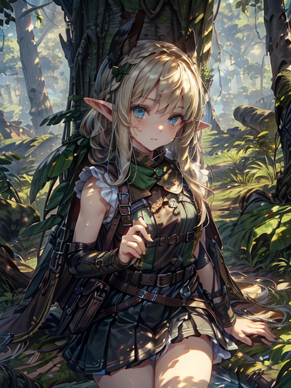 masterpiece, highest quality, Very detailed, 16k, Ultra-high resolution、1 14 year old elf girl, Detailed face、Perfect Fingers, Elf Ears, Small breasts, blue eyes, Blonde, Braid, Sleeveless, Tight Skirt, Light clothing, Carrying a bow on your back, in the forest, Sitting on the branch of a big tree
